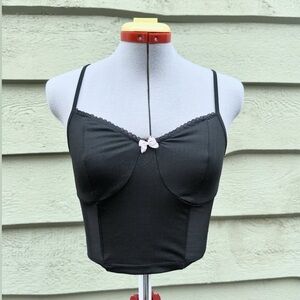 Black Cropped Tank Top with Pink Bow